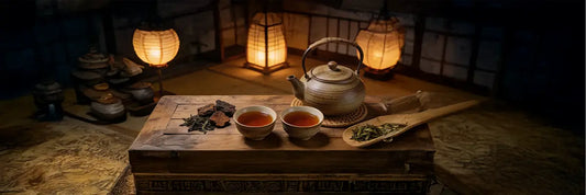  Small flat dark squares of goishicha double-fermented Japanese tea arranged on rice straw mats in the sun to dry, resembling the black stones of the traditional board game go.