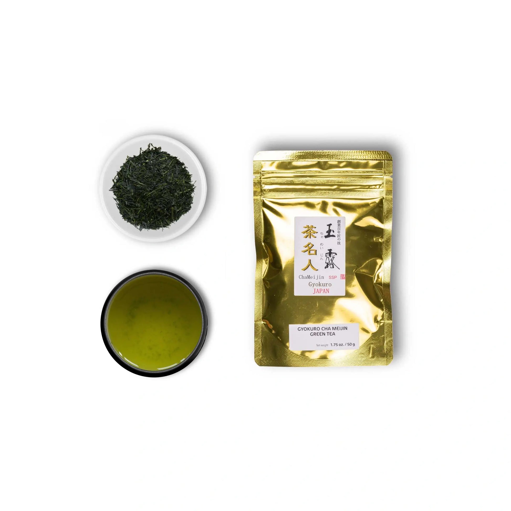 Gyokuro Saemidori Cha Meijin: Opakowanie produktu, Gyokuro liście i parzone Gyokuro herbata w filiżance